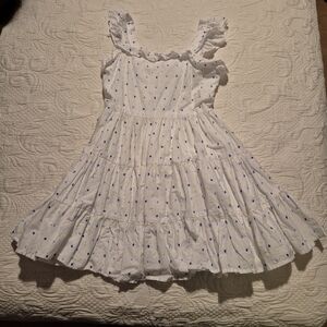 Janie and Jack girls size 8 white swiss dot dress, blue yellow dots lined VGUC
